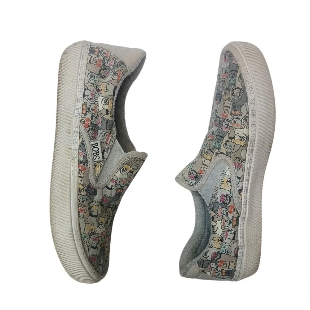 Skechers BOBS Slip On Sneakers Womens 8 Gray Dog Print Memory Foam 113205‎